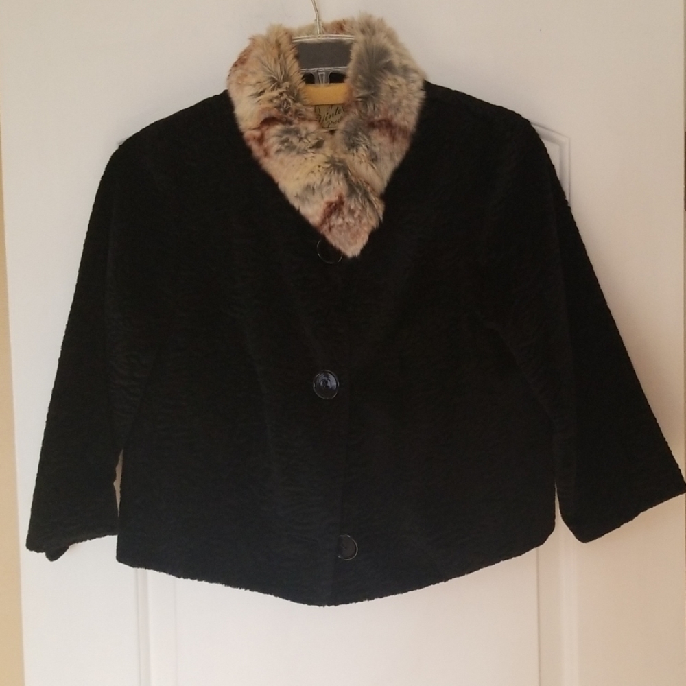 Vintage faux lambs wool evening jacket w/ fur trim